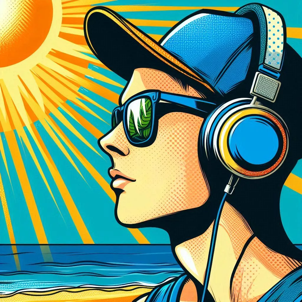 Mann mit Kopfhörern am Strand im Sommer, Pop Art Style