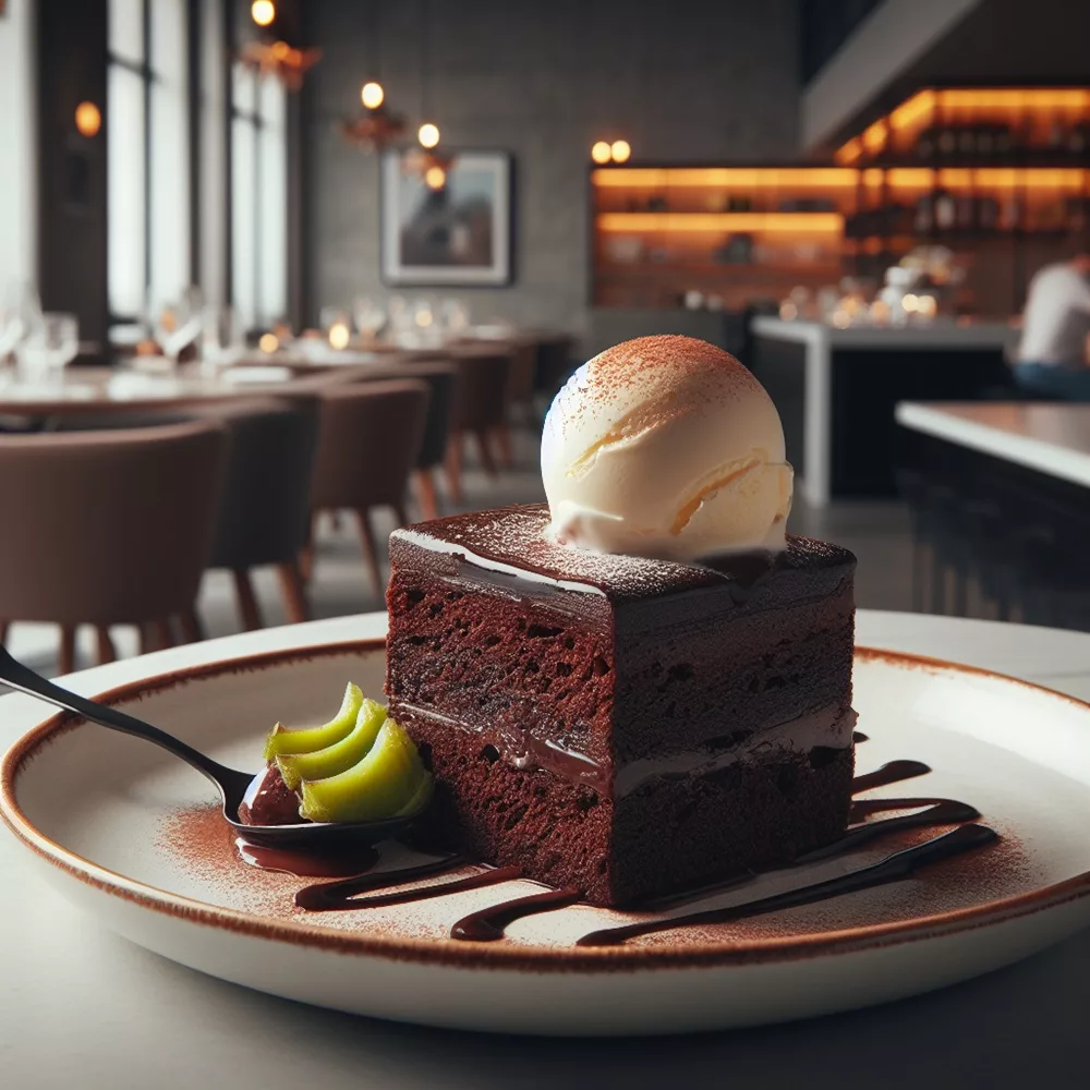 eine portion warmes schokoladenküchlein mit vanilleeis auf einem porzellanteller in einem modernen restaurant