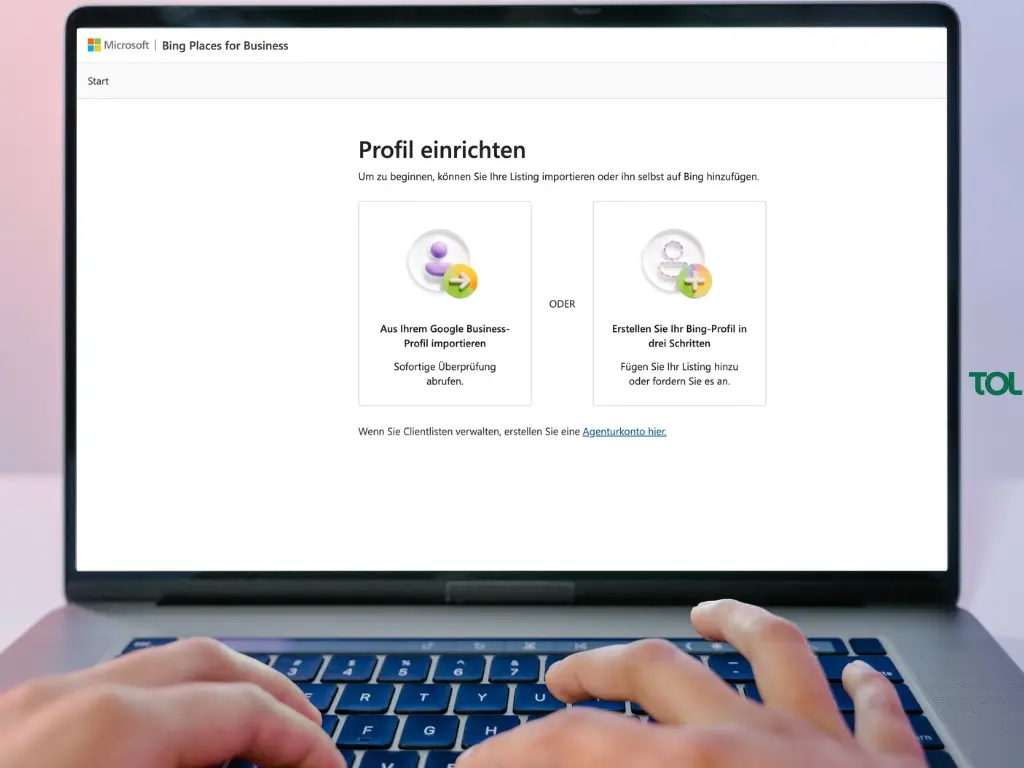 Laptop-Bildschirm mit der Website von Bing Places for Business zur Profil-Einrichtung und Auswahl für den Google-Import.