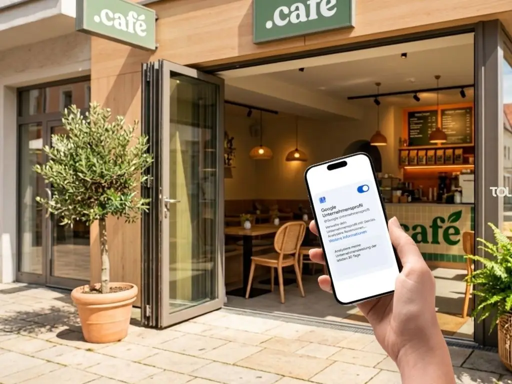 Gemini mit dem Google Unternehmensprofil verknüpfen: Anleitung für Selbstständige 1 Eine Hand hält ein Smartphone mit der Verknüpfungsoberfläche für Google Gemini und das Google Unternehmensprofil, die Leistungsanalyse-Funktionen anzeigt. Im Hintergrund die moderne Außenseite eines Cafés.