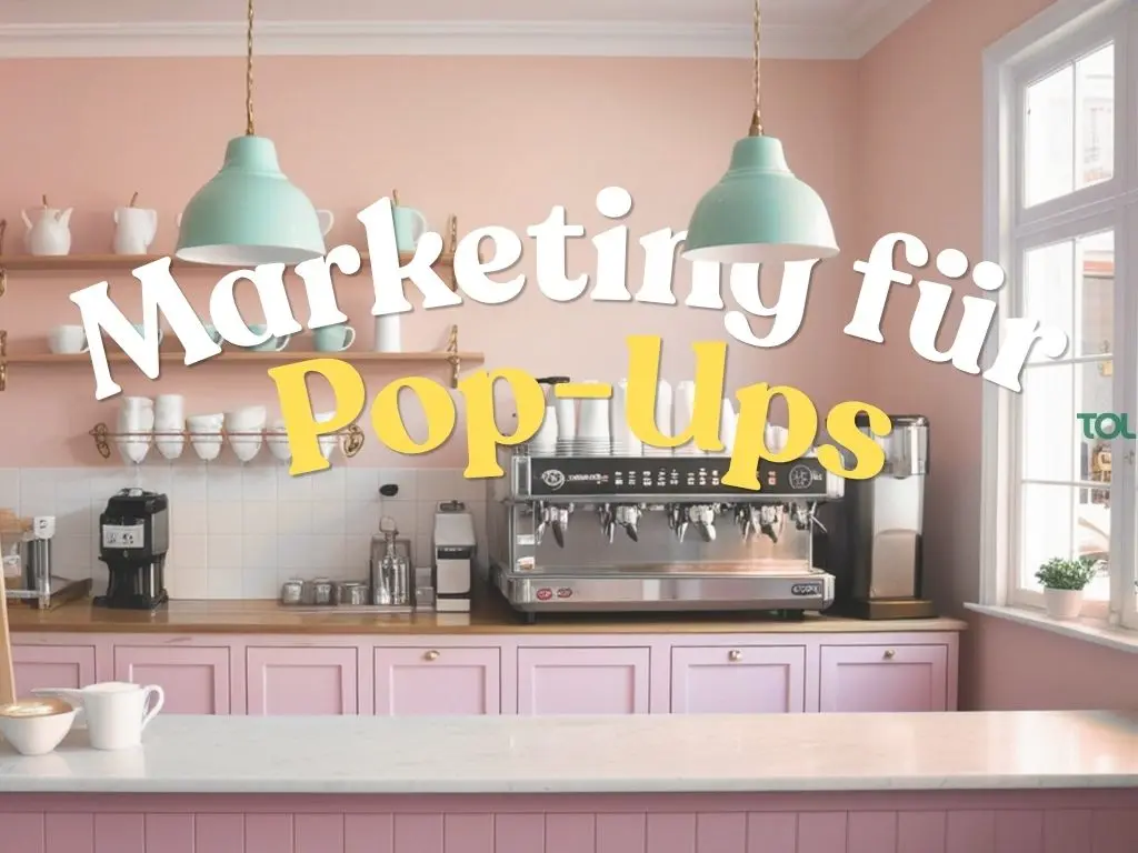 Marketingplan für ein Pop-up-Café: So bewirbst du ein Café, das es nur 3 Monate gibt 1 Ein stilvoll eingerichtetes Café in Rosa und Türkis mit einer professionellen Espressomaschine und dem Schriftzug Marketing für Pop-Ups.